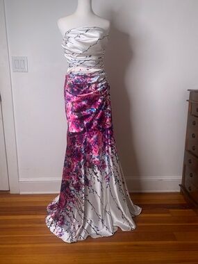 Narianna Strapless Satin Gown in White and Pink Floral